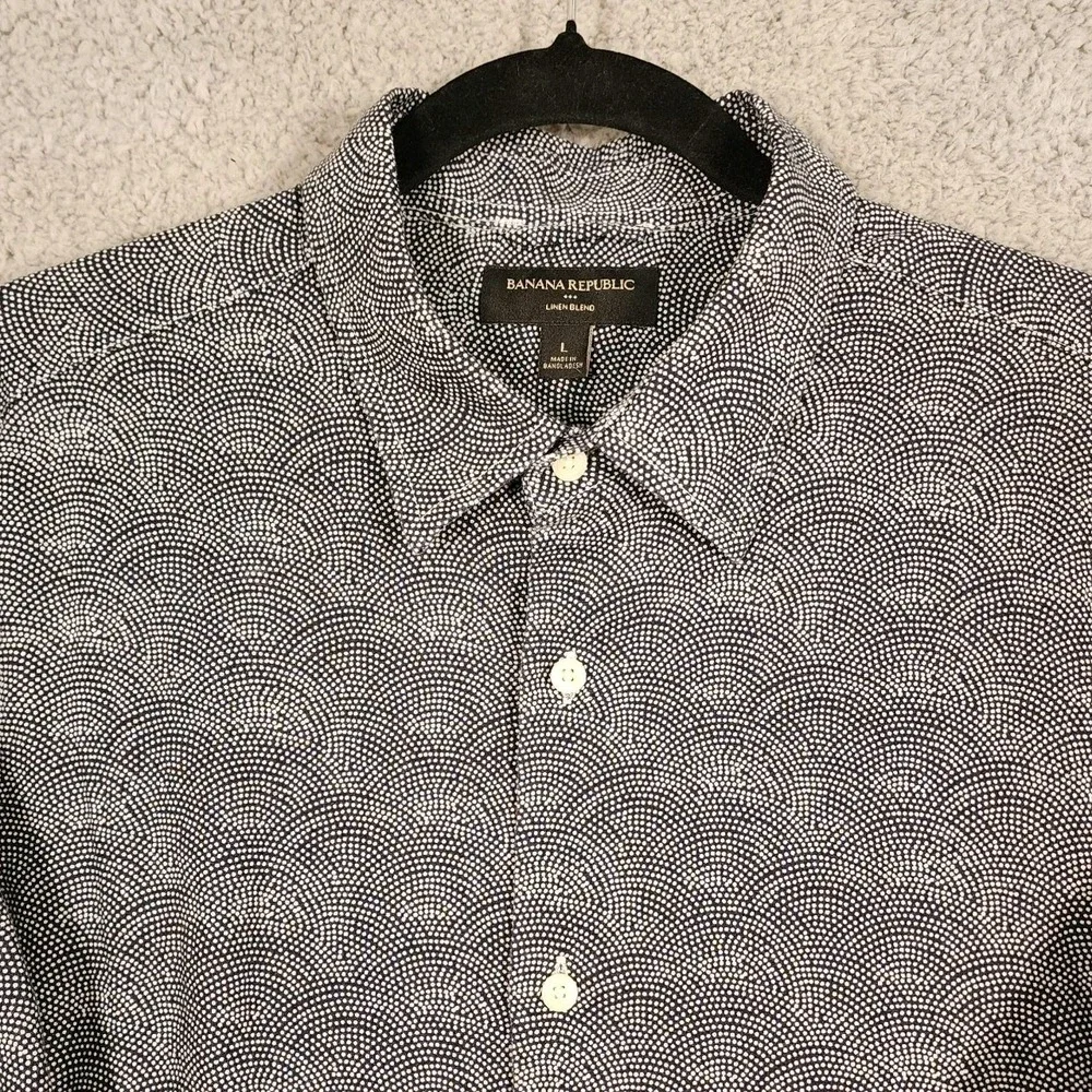 Banana Republic Shirt Men L Linen Blend Black White Dotted Wave Pattern Party